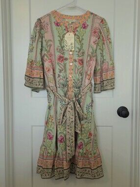 NWT. Boho Floral Tie-Waist Midi Dress in Green and Pink. Size L. #SW